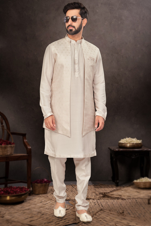 Creamy Pink Silk Waeved Thread Men's Kurta Pajama With Waist Coat 
