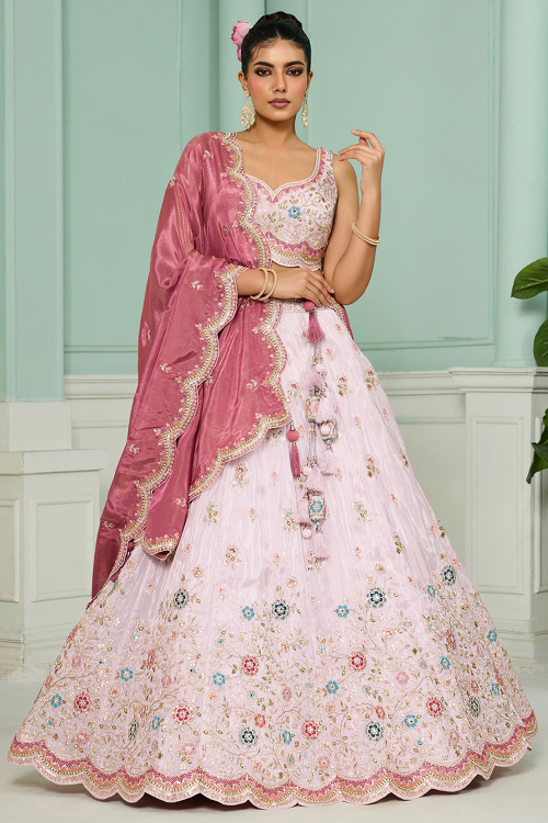 Creamy Pink Tissue Resham Thread A Line Lehenga