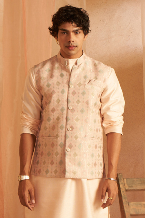 Creamy Pink Viscose Weaved Men's Waist Coat For Festival