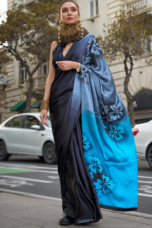 Crepe Black Printed Light Weight Saree for Women