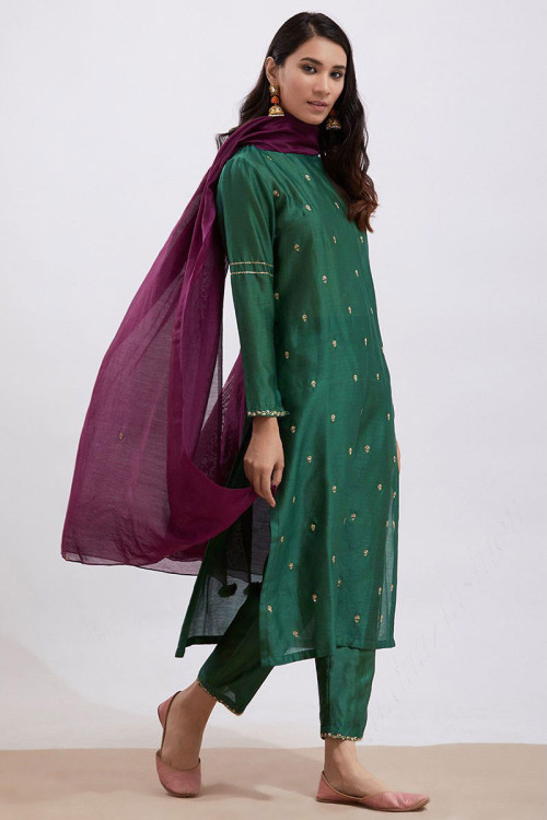 Crepe Bottle Green Embroidered Eid Straight Pant Suit