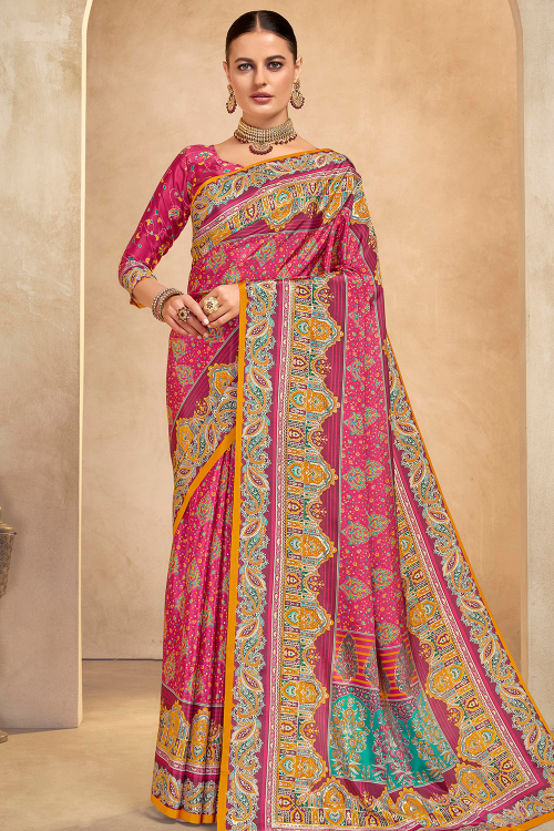 Crepe Cerise Pink Saree With Printed Work For Festival