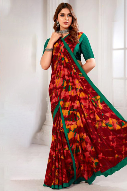 Crepe Chilly Red Printed Light Weight Saree