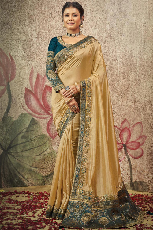 Crepe Dark Beige Lace Embroidered Light Weight Saree 