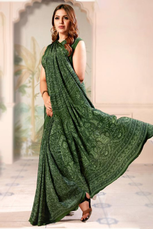 Crepe Fern Green Printed Casual Wear Saree
