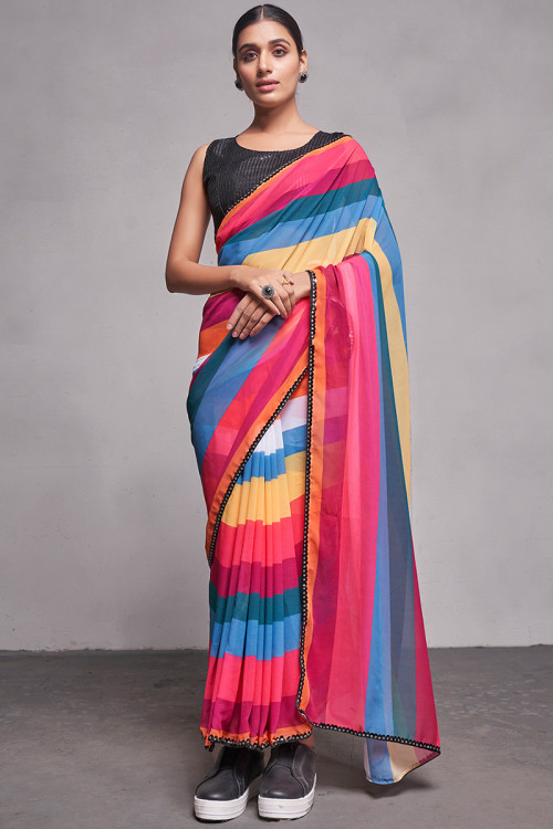 Crepe Georgette Multi Color Printed Light Weight Saree