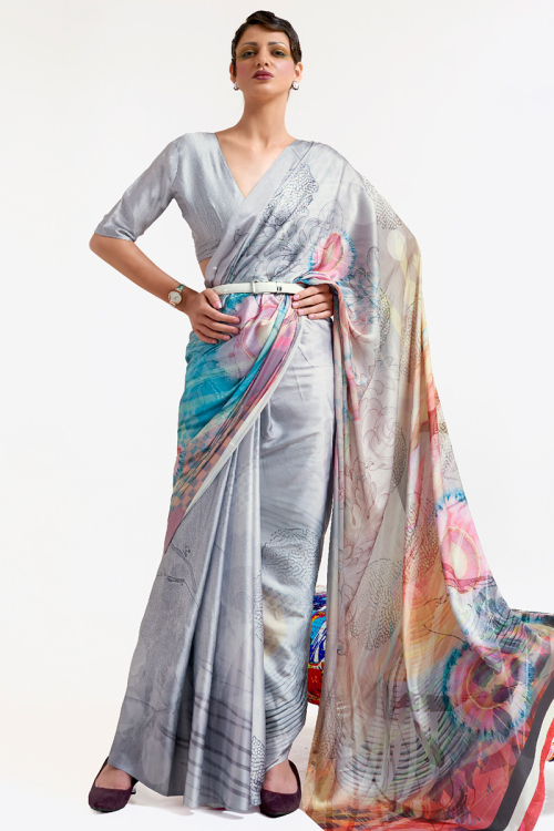 Crepe Light Grey Printed Casual Wear Saree