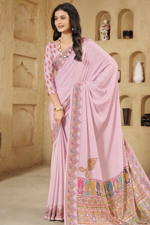 Crepe Light Pink Saree With Printed Work 