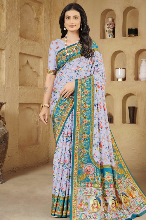 Crepe Light Purple Saree With Printed Work