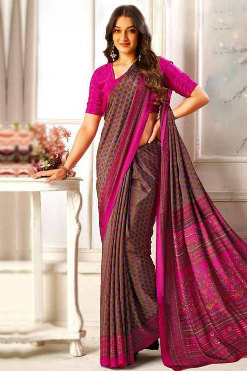 Crepe Mauve Brown Saree With Printed Work For Casual Wear