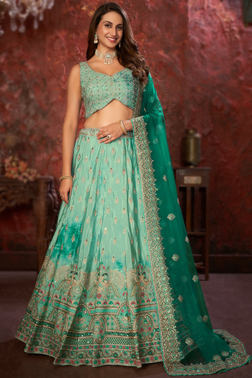 Crepe Mint Green Embroidered Panelled Style Lehenga 