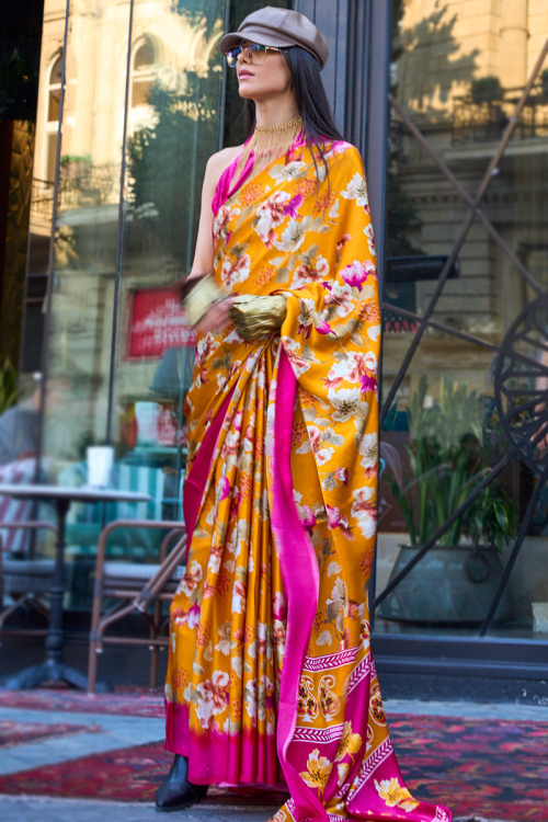 Crepe Mustard Yellow Printed Light Weight Saree