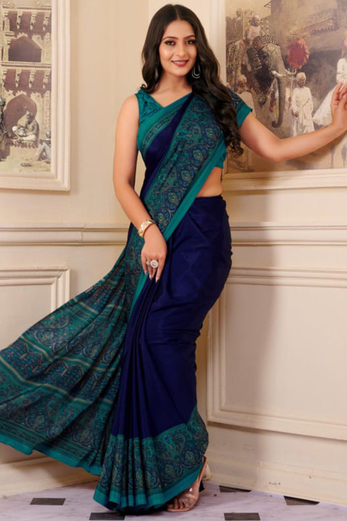 Navy Blue Crepe Printed Light Weight Saree for Women