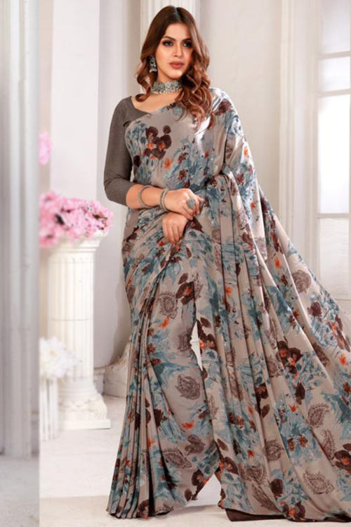 Crepe Oat Beige Printed Light Weight Saree for Women