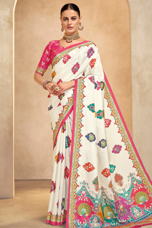 Crepe Off White Saree With Printed Work For Festival