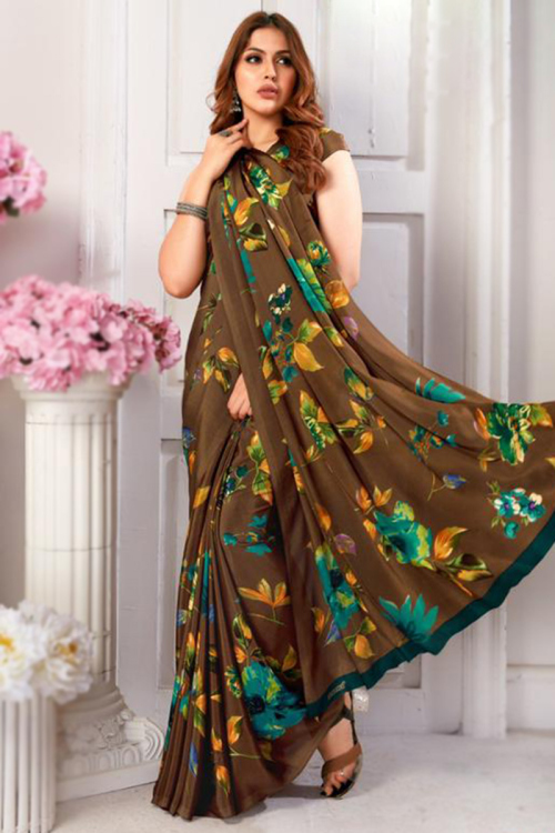Crepe Olive Brown Printed Light Weight Saree
