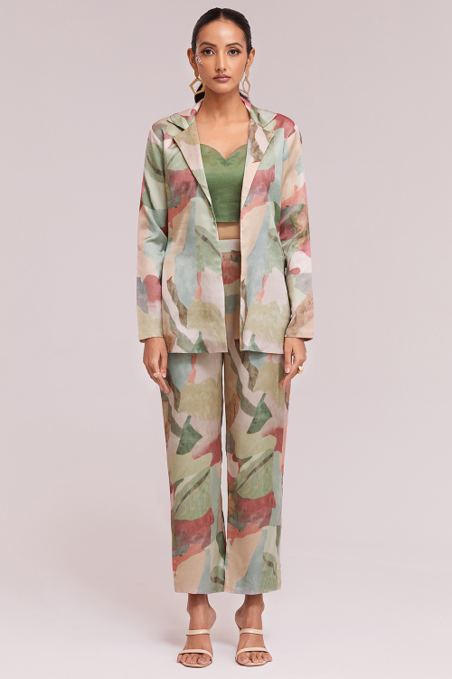 Crepe Pistachio Green Ready Made Co-Ord Set With Printed Jacket