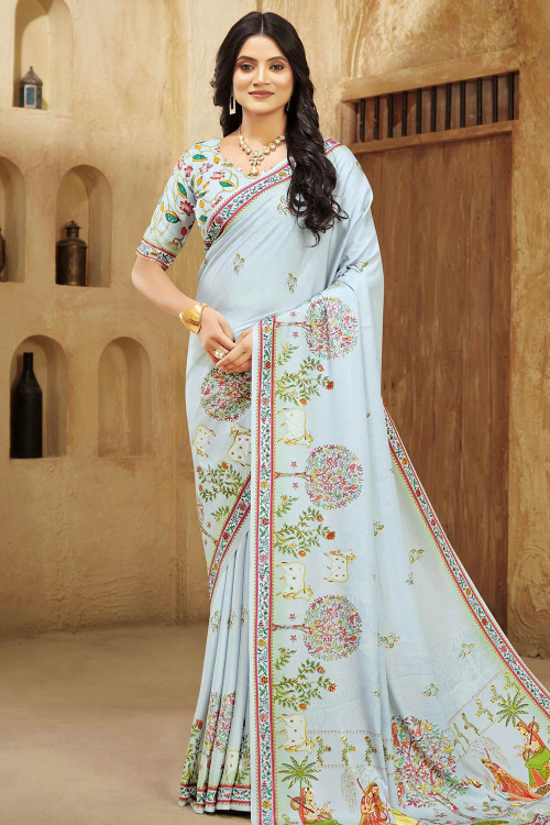 Crepe Powder Blue Saree With Foil Print