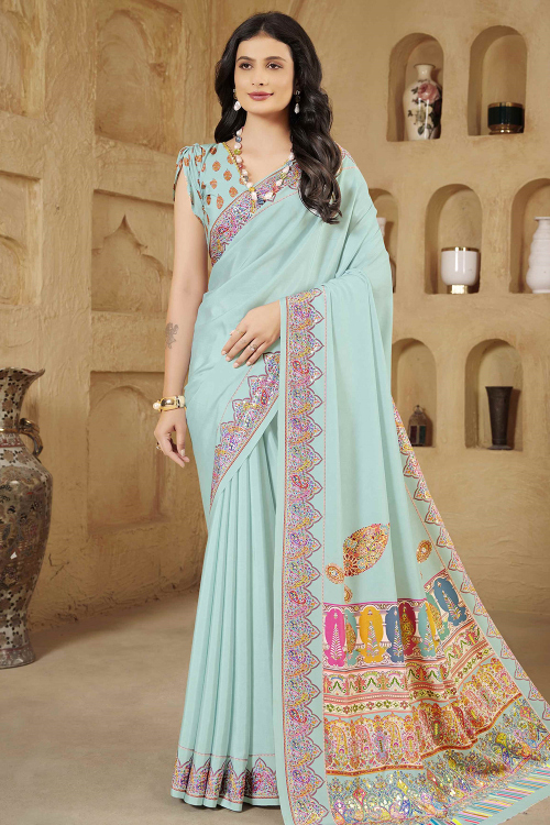 Crepe Powder Blue Saree With Foil Print Work