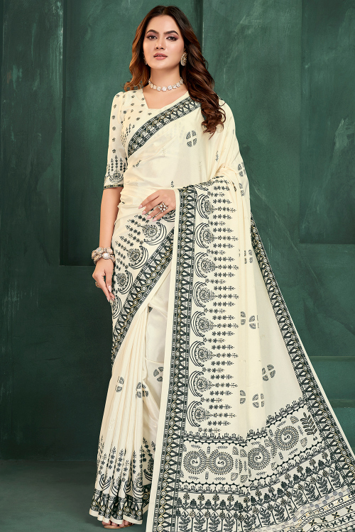 Crepe Printed Casual Wear Off White Saree