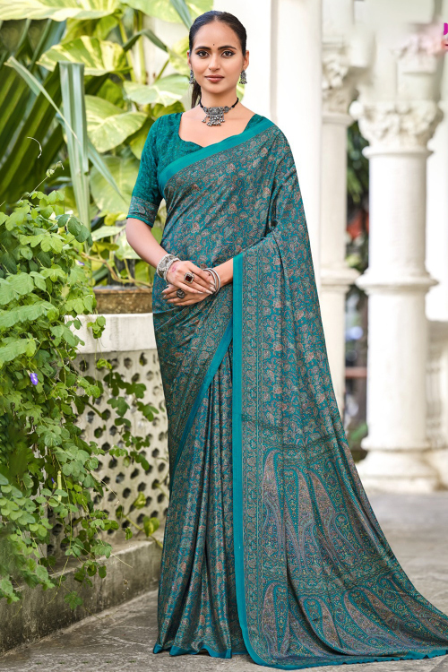 Crepe Printed Peacock Blue Saree For Casual Wear