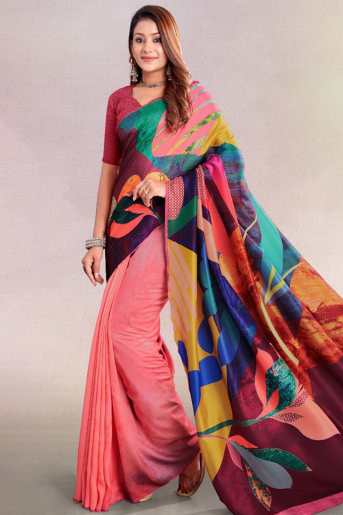 Crepe Printed Salmon Pink Light Weight Saree 