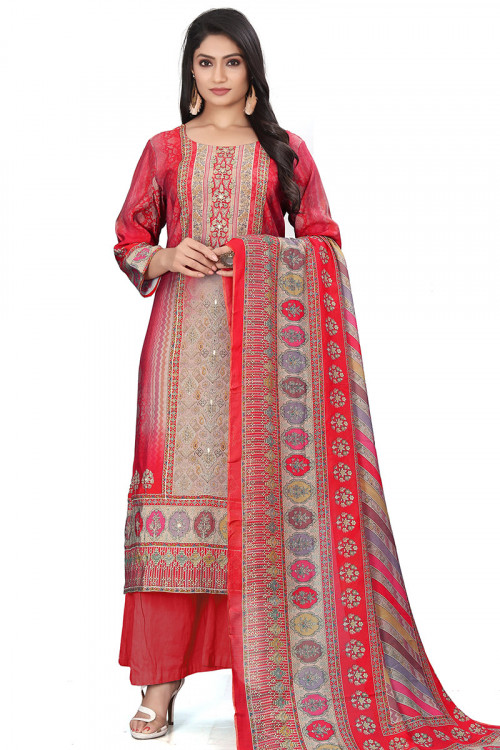 Crepe Red Printed Palazzo Suit