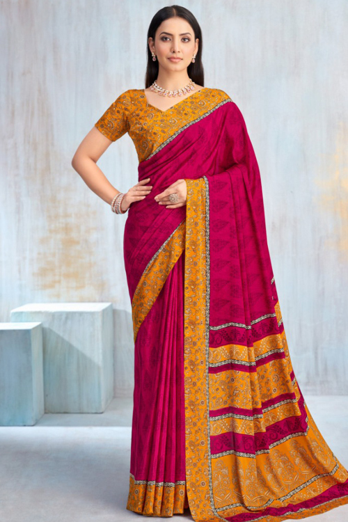 Crepe Ruby Red Saree with Printed Work for Navratri Festival