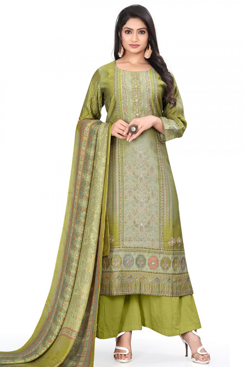 Crepe Sage Green Printed Straight Cut Palazzo Suit