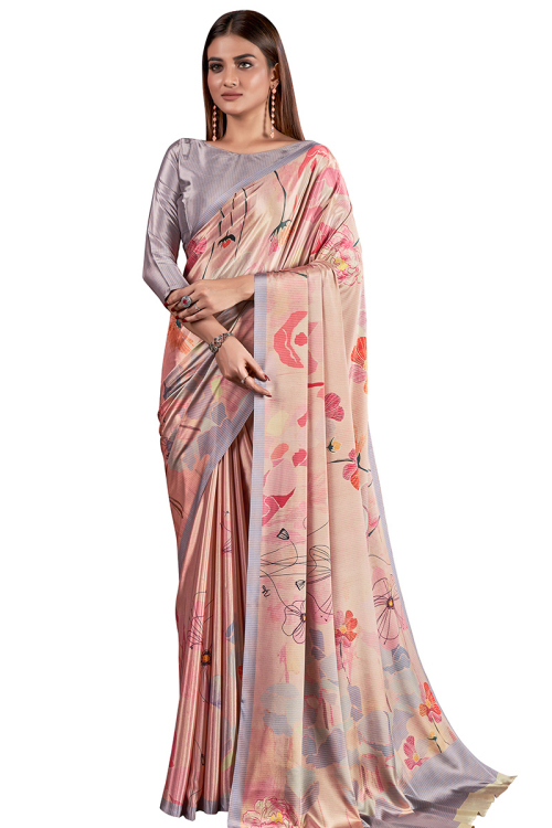 Crepe Salmon Peach Printed Light Weight Saree