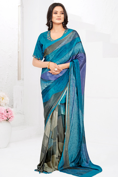 Crepe Sea Blue Saree With Printed Work 
