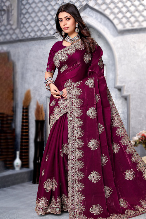 Crepe Silk Dark Magenta Pink Dori Embroiered Heavy Saree