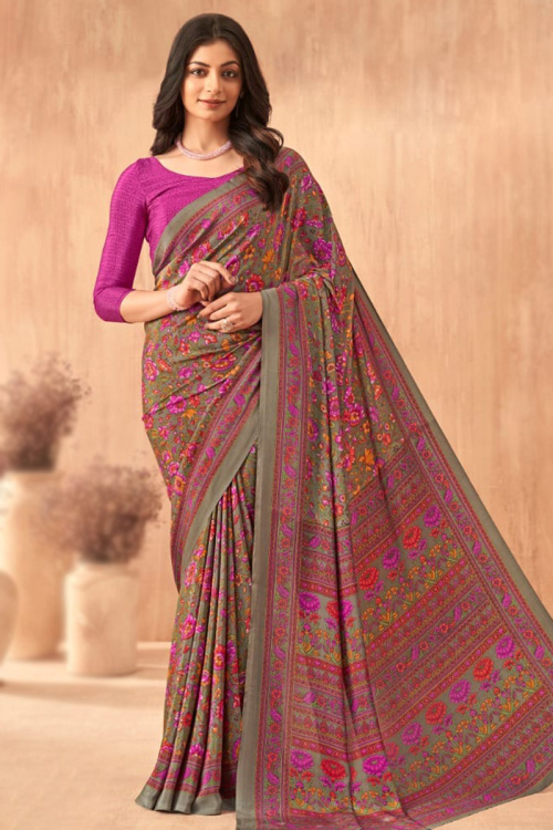Crepe Silk Printed Grey Beige Floral Saree