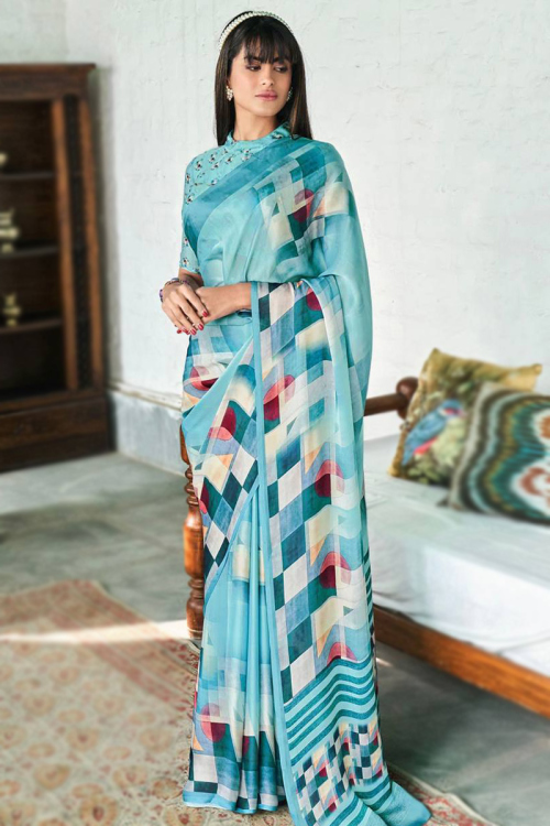 Crepe Silk Sky Blue Printed Casual Wear Saree