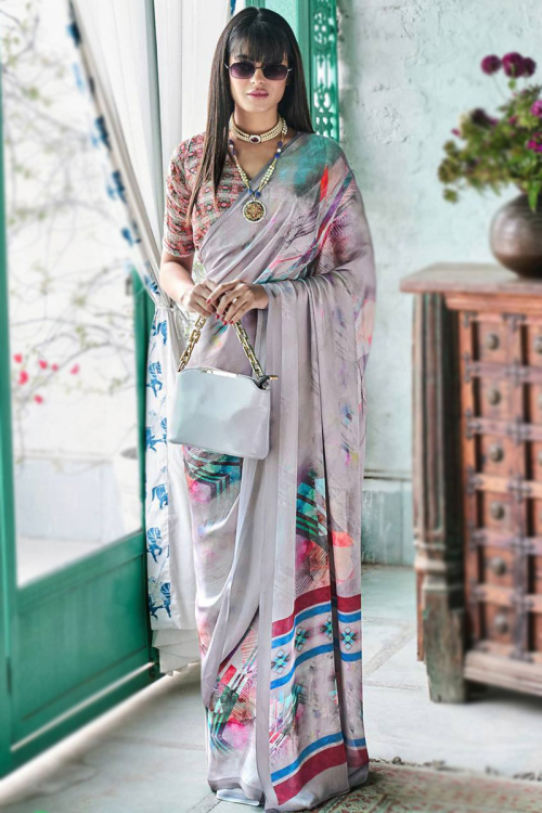 Crepe Silk Steel Grey Printed Light Weight Saree