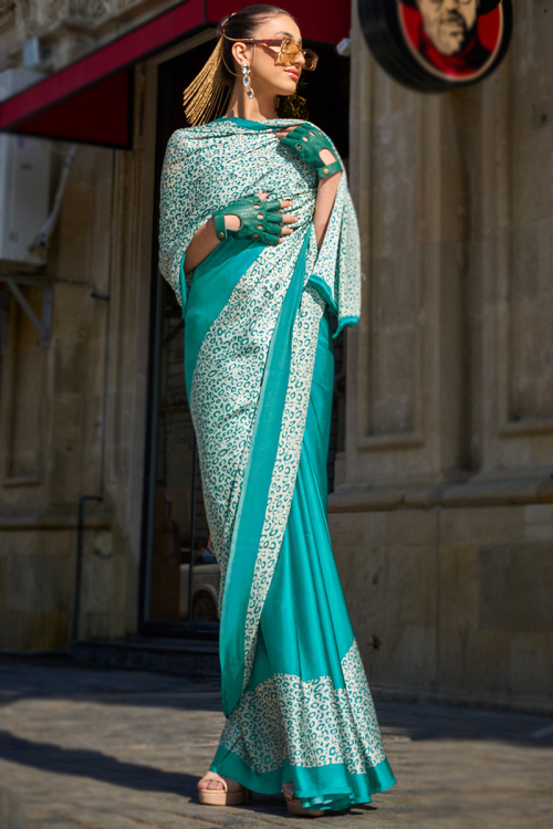 Crepe Turquoise Blue Printed Light Weight Saree