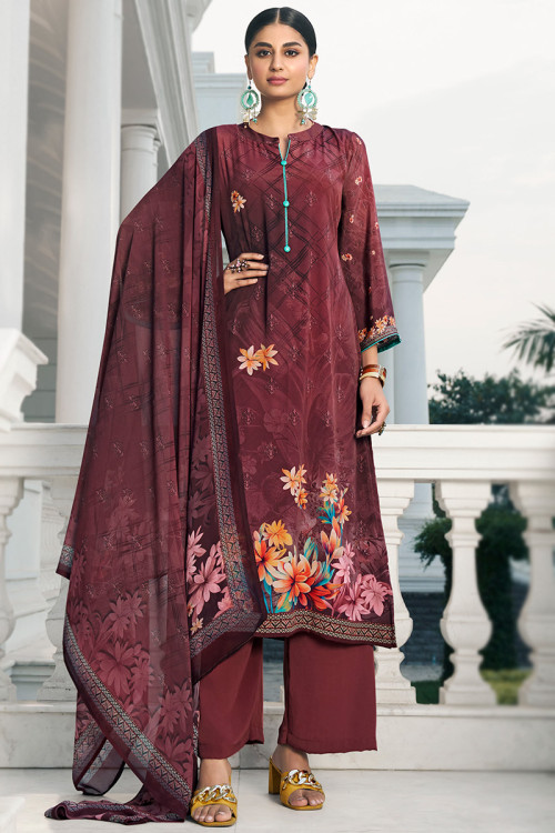 Maroon Straight Cut Embroidered Palazzo Suit With Dupatta Latest 3582SL06
