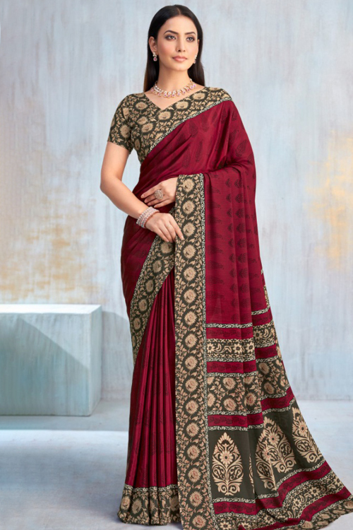 Crepe Wine Maroon Saree With Printed Work For Navratri