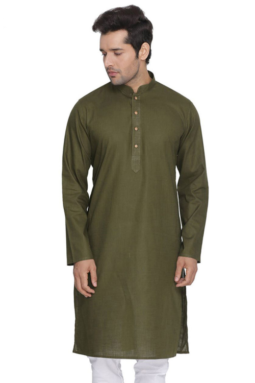 Crocodile Green Cotton Men plain Kurta