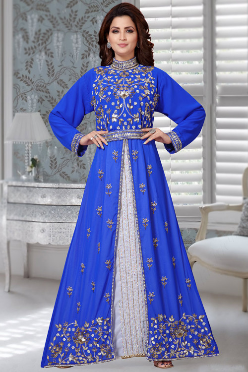 Cutdana Embroidered Georgette Royal Blue Front Slit Kurti