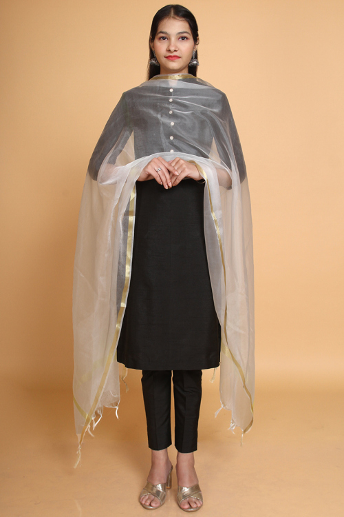 White Organza Dupatta With Golden Weaved Border