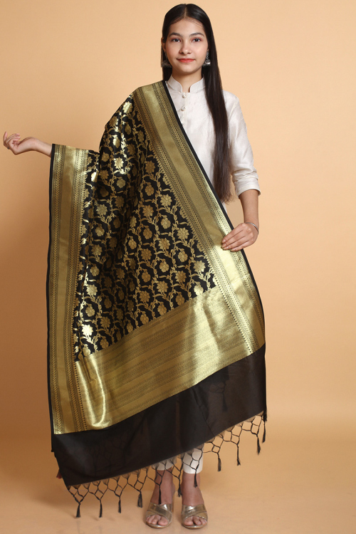 Gold Woven Zari Work Black Banarasi Silk Dupatta