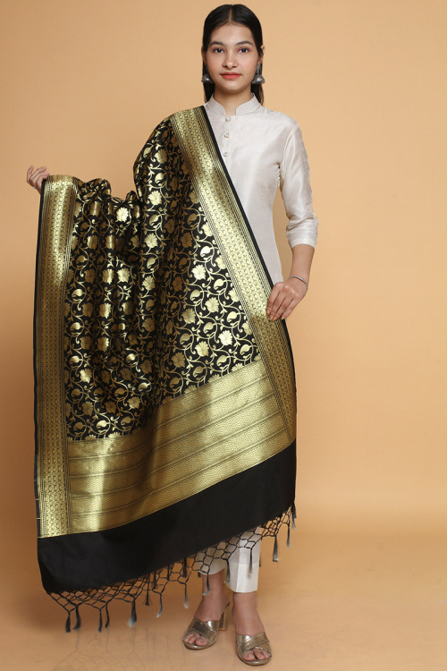 Golden Woven Zari Banarasi Silk Black Dupatta
