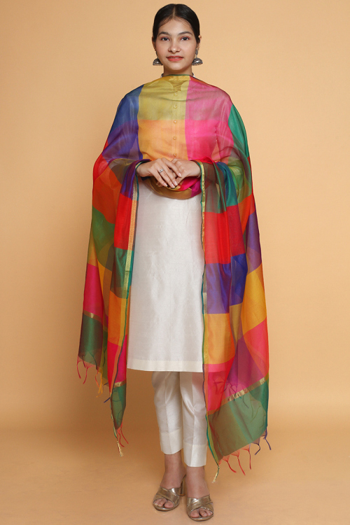 Multicolor Checkered Dupatta with Tassel Edges
