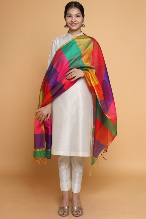 Vibrant Multicolor Checkered Silk Dupatta with Tassels