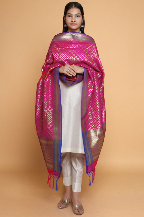 Woven Zari Banarasi Silk Pink Dupatta 