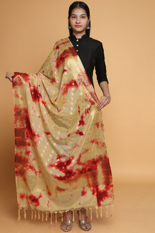 Tie-Dye Printed Silk Dupatta In Creame-Beige Color