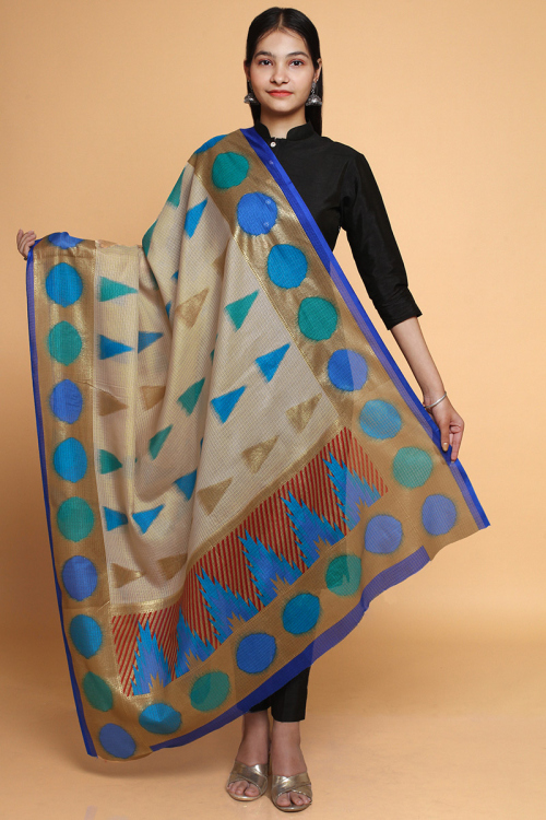 Kota Doria Printed Beige Dupatta With Blue Border