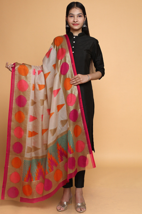 Kota Doria Printed Beige Dupatta With Pink Border