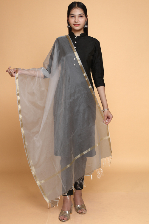 White Organza Dupatta With Woven Zari Border